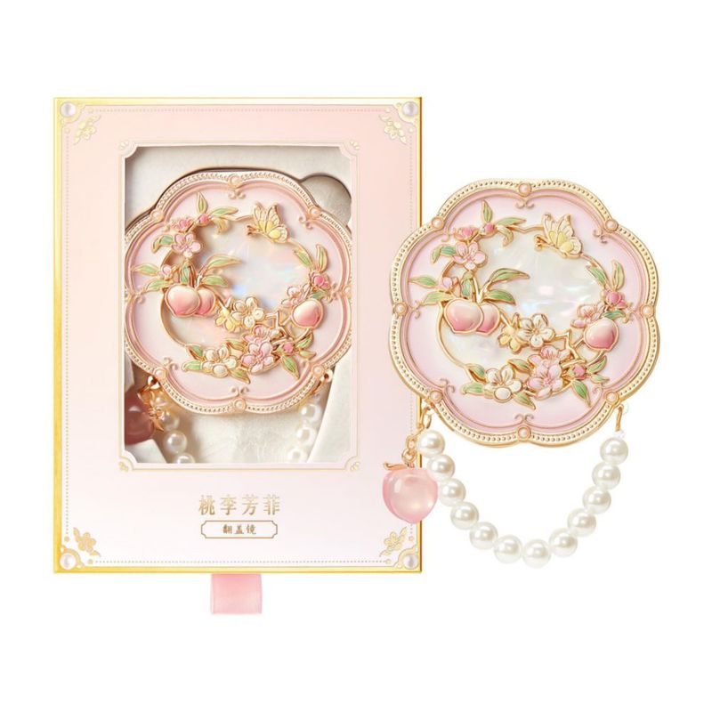 Espejo de bolsillo Imperblooms 8 cm Cadena de perlas rosa – Regalo