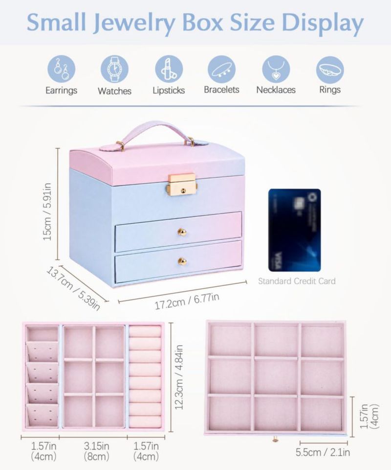 Caja de joyas Homde de 3 capas con cierre azul-rosa