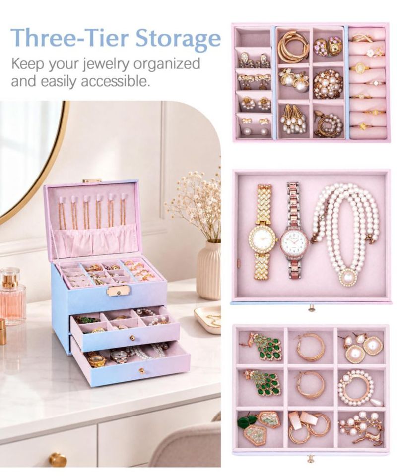 Caja de joyas Homde de 3 capas con cierre azul-rosa