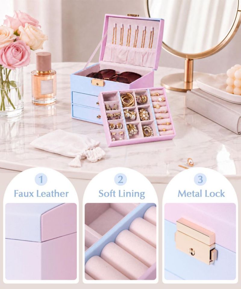 Caja de joyas Homde de 3 capas con cierre azul-rosa
