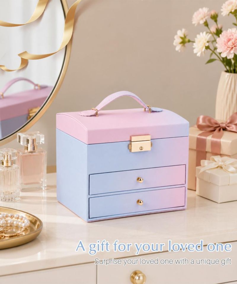 Caja de joyas Homde de 3 capas con cierre azul-rosa