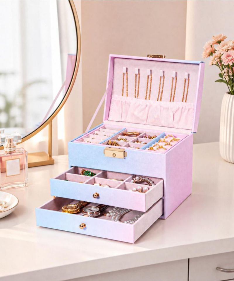 Caja de joyas Homde de 3 capas con cierre azul-rosa