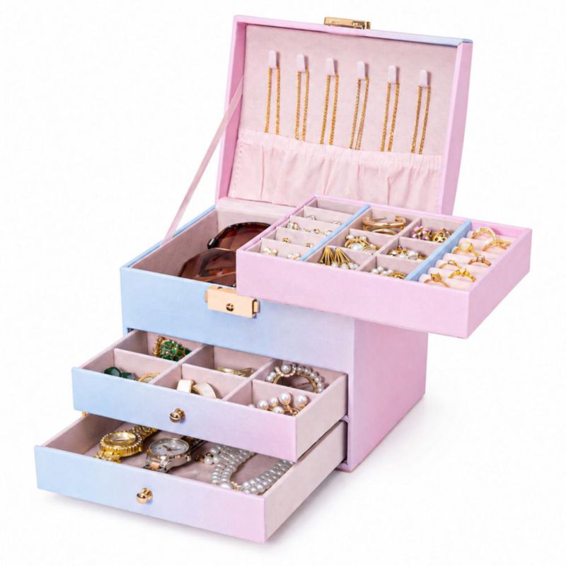 Caja de joyas Homde de 3 capas con cierre azul-rosa