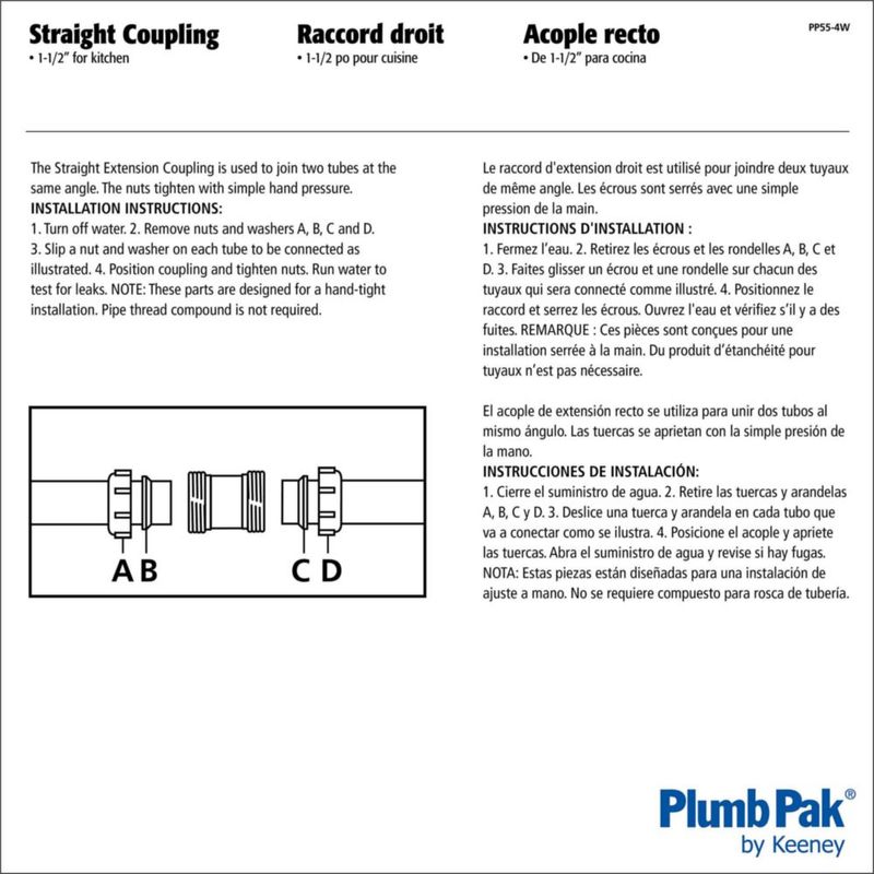 Acoplamiento de desagüe para fregadero Plumb Pak PP55-4W plástico 1.5 pulgadas blanco