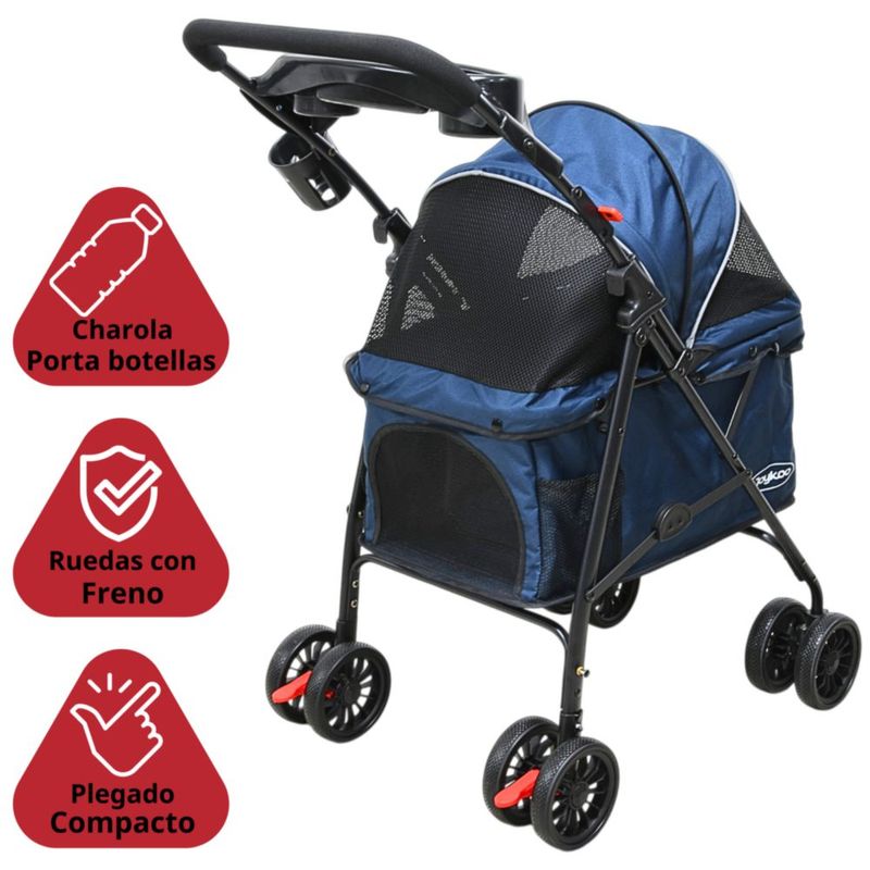 Carriola para Mascotas Cochecito para Perros y Gatos Pequeños - Medianos Ligera y Plegable con Freno Bandeja Portavasos - Azul