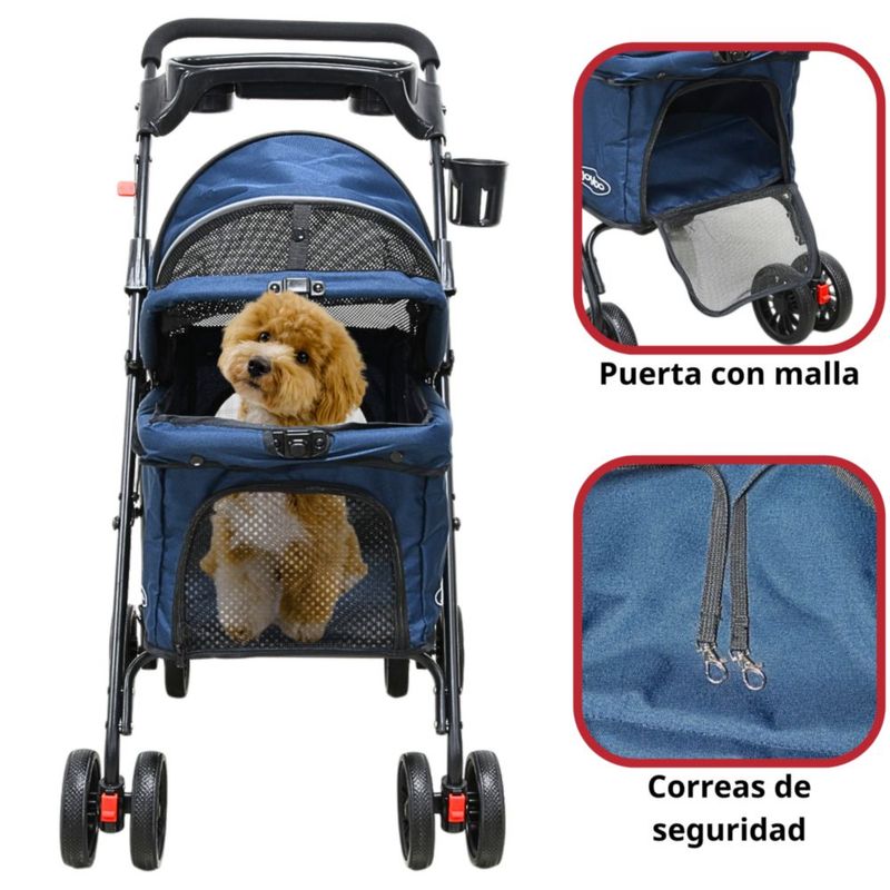 Carriola para Mascotas Cochecito para Perros y Gatos Pequeños - Medianos Ligera y Plegable con Freno Bandeja Portavasos - Azul