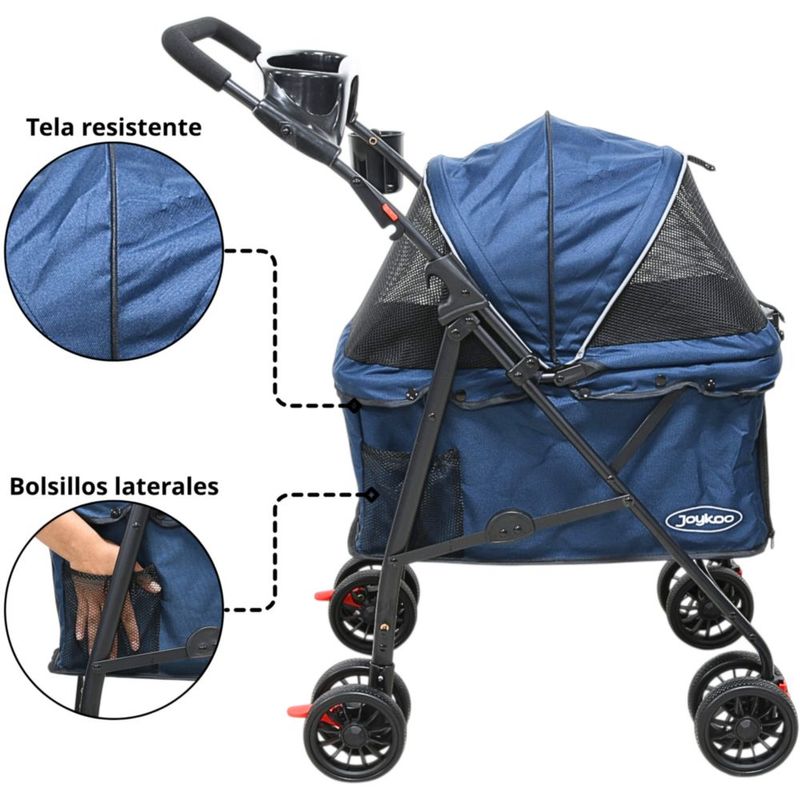 Carriola para Mascotas Cochecito para Perros y Gatos Pequeños - Medianos Ligera y Plegable con Freno Bandeja Portavasos - Azul