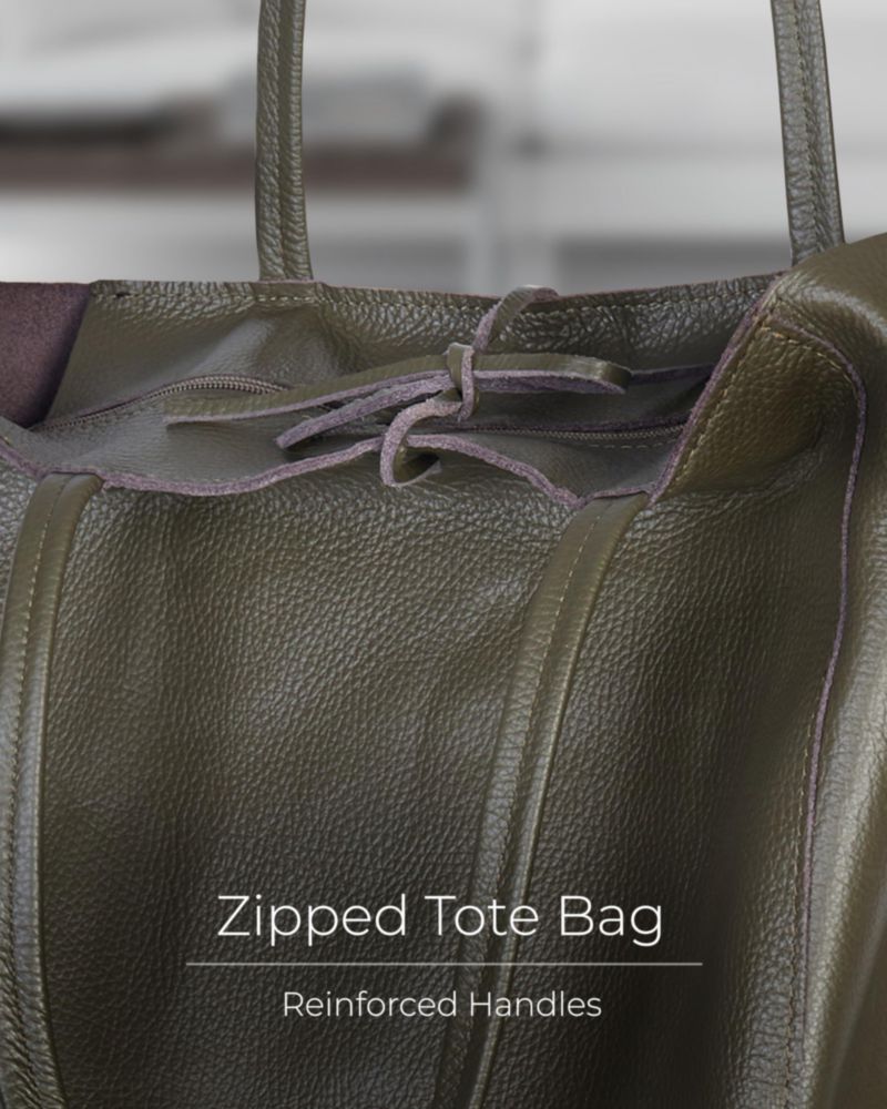 Bolso Tote TAKEASY 36 cm de Cuero Oliva Grande y Holgado