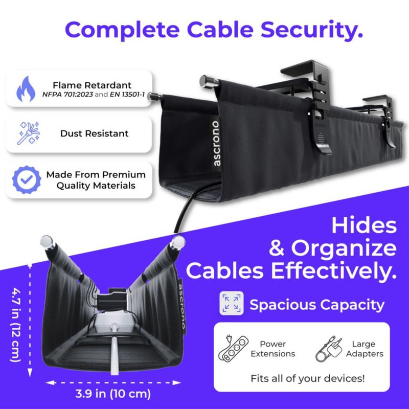 Bandeja de cables Ascrono 36 cm negra para montar bajo el escritorio