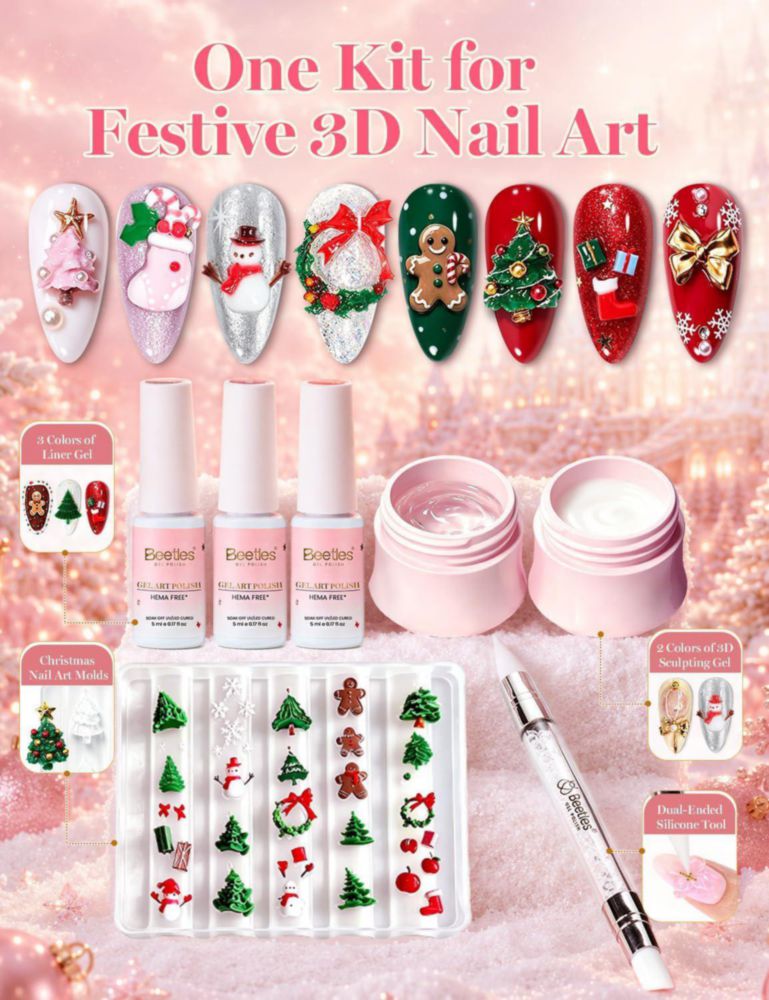 Beetles Gel de Uñas 3D Transparente y Blanco con Escarcha Navideña