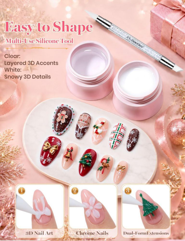 Beetles Gel de Uñas 3D Transparente y Blanco con Escarcha Navideña