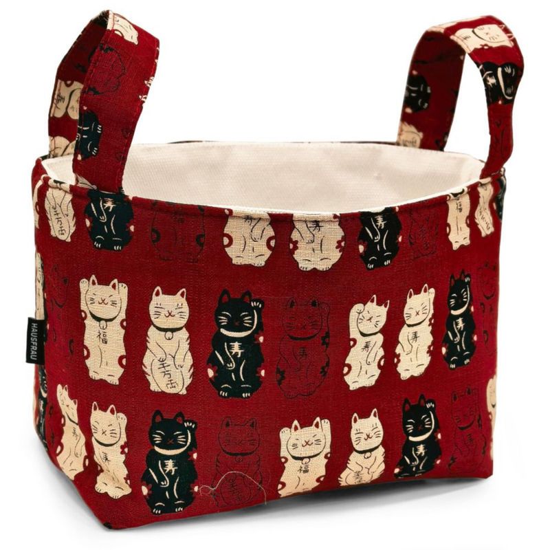 Cesta HAUSFRAU 17 × 11 × 13 cm Gato de la suerte con asa de tela