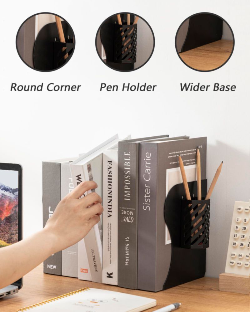 Porta libros Kingsmile ajustable de metal negro con soporte para bolígrafos