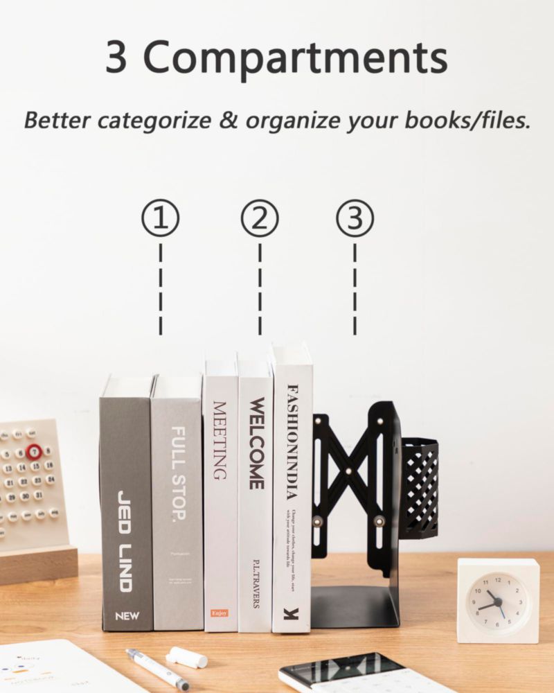 Porta libros Kingsmile ajustable de metal negro con soporte para bolígrafos