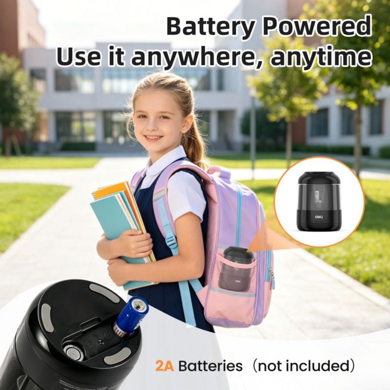 Sacapuntas eléctrico deli de batería 65–8 mm para aula