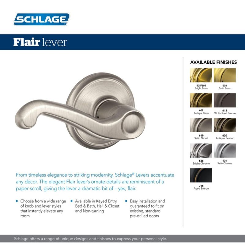 Palanca de puerta SCHLAGE F10 V FLA 609 Latón envejecido