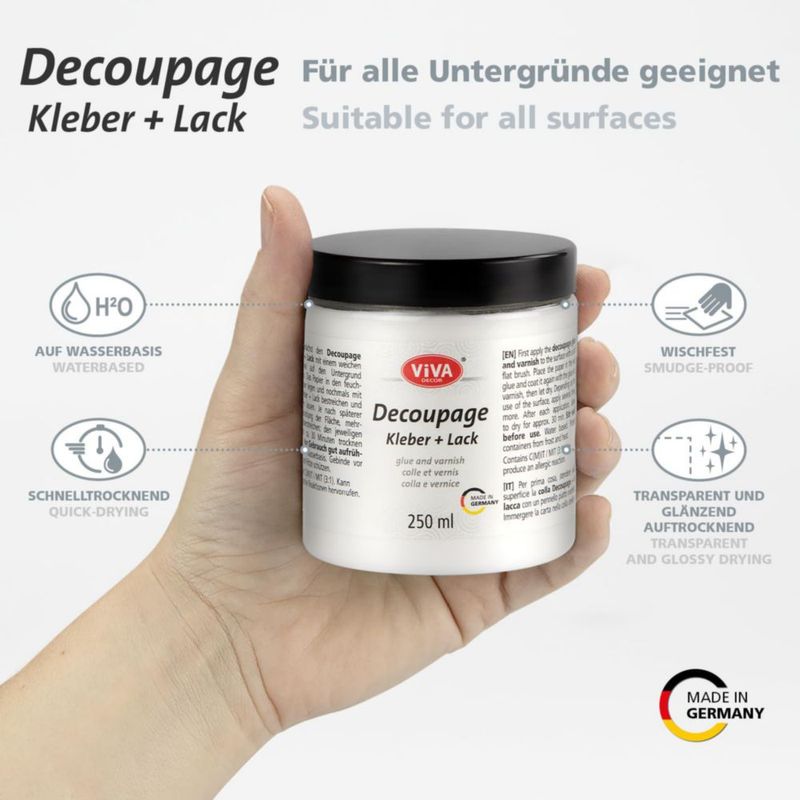 Pegamento y Barniz para Decoupage Viva Decor 250 ml Transparente