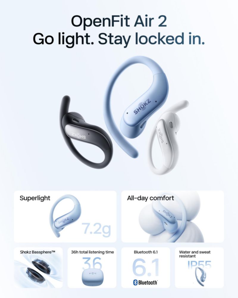 Auriculares SHOKZ OpenFit Air 2 negros resistentes al agua