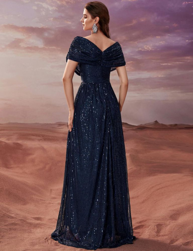 Vestido de Gala A-Line con Lentejuelas y Cuello en V Azul Marino