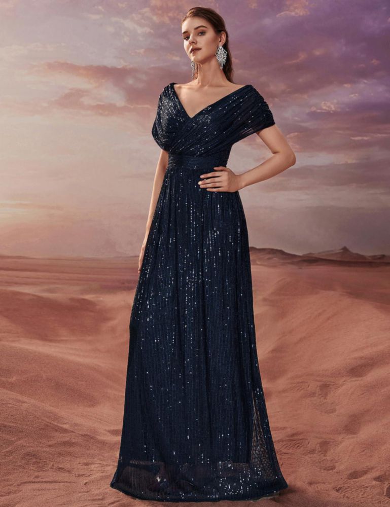 Vestido de Gala A-Line con Lentejuelas y Cuello en V Azul Marino