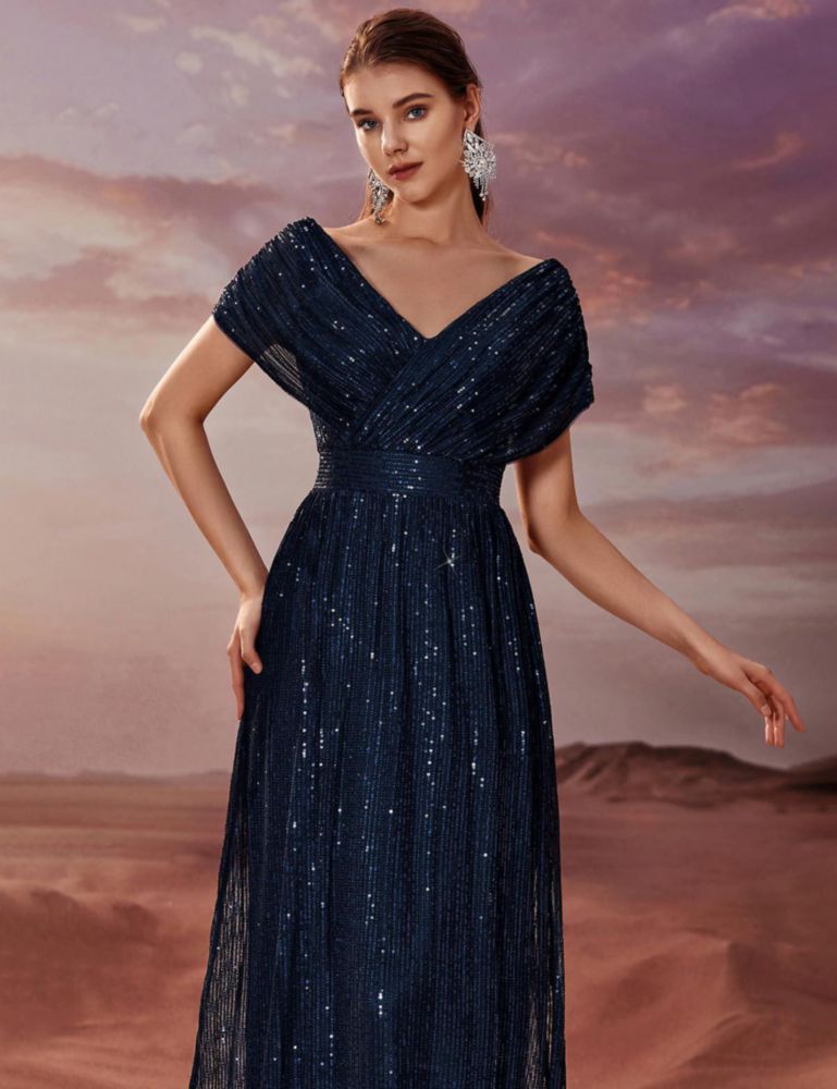 Vestido de Gala A-Line con Lentejuelas y Cuello en V Azul Marino
