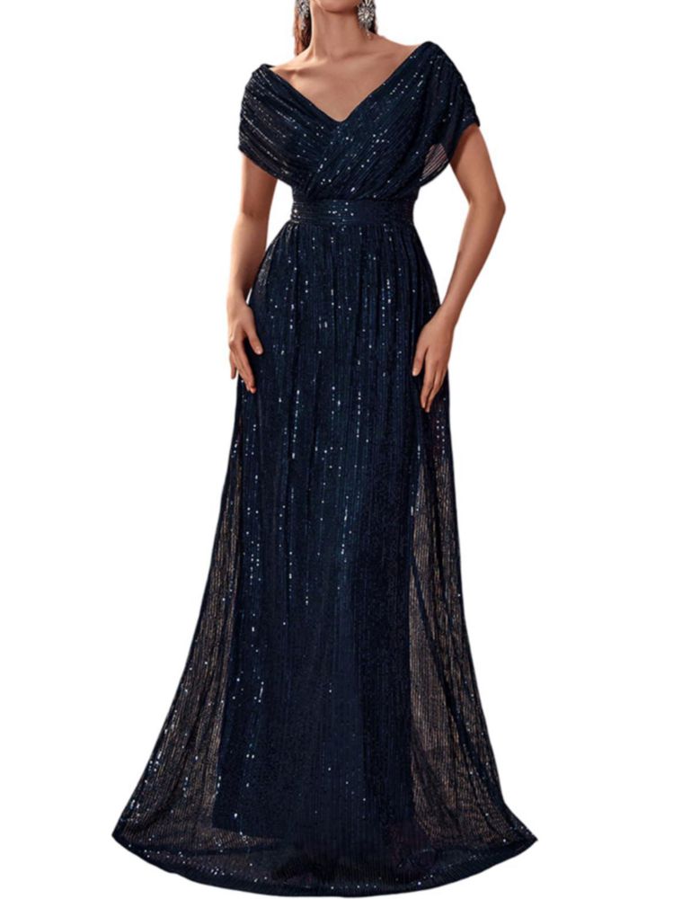 Vestido de Gala A-Line con Lentejuelas y Cuello en V Azul Marino