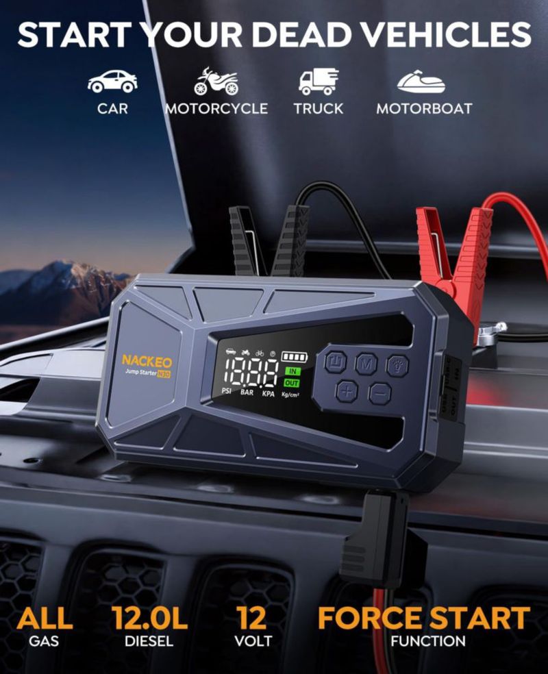 Arrancador de Batería NACKEO 8000A con Compresor de Aire 160 PSI 12V
