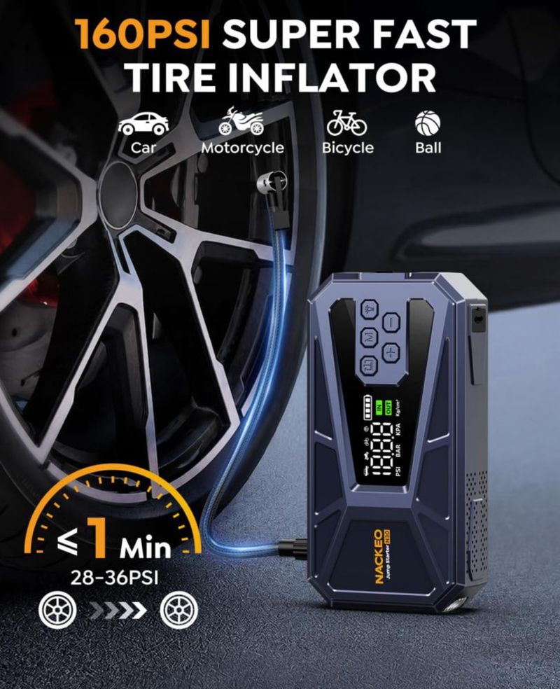 Arrancador de Batería NACKEO 8000A con Compresor de Aire 160 PSI 12V