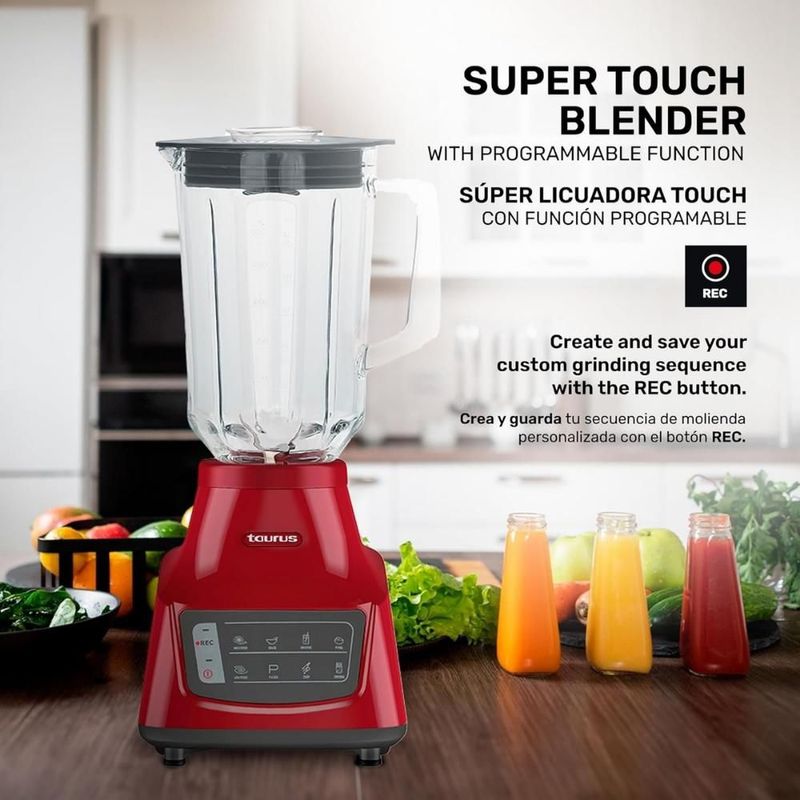 LICUADORA TAURUS MOD.GRANDEUR TOUCH REC ROJO 8 VELOCIDADES VASO VIDRIO 1.5 LITROS CAPACIDAD DE USO POTENCIA PICO 750 W CUCHILLAS ACERO INOXIDABLE