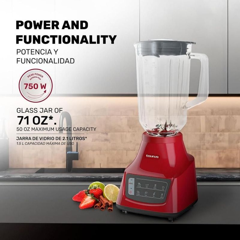 LICUADORA TAURUS MOD.GRANDEUR TOUCH REC ROJO 8 VELOCIDADES VASO VIDRIO 1.5 LITROS CAPACIDAD DE USO POTENCIA PICO 750 W CUCHILLAS ACERO INOXIDABLE