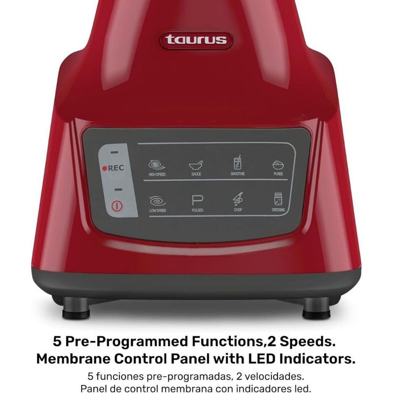 LICUADORA TAURUS MOD.GRANDEUR TOUCH REC ROJO 8 VELOCIDADES VASO VIDRIO 1.5 LITROS CAPACIDAD DE USO POTENCIA PICO 750 W CUCHILLAS ACERO INOXIDABLE