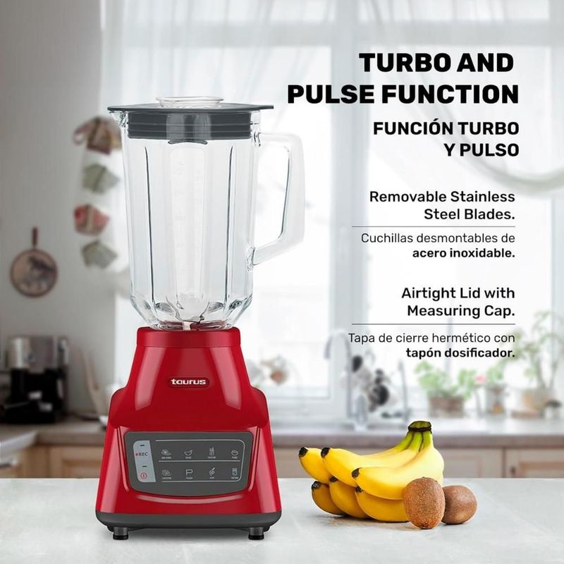 LICUADORA TAURUS MOD.GRANDEUR TOUCH REC ROJO 8 VELOCIDADES VASO VIDRIO 1.5 LITROS CAPACIDAD DE USO POTENCIA PICO 750 W CUCHILLAS ACERO INOXIDABLE