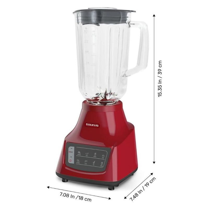 LICUADORA TAURUS MOD.GRANDEUR TOUCH REC ROJO 8 VELOCIDADES VASO VIDRIO 1.5 LITROS CAPACIDAD DE USO POTENCIA PICO 750 W CUCHILLAS ACERO INOXIDABLE