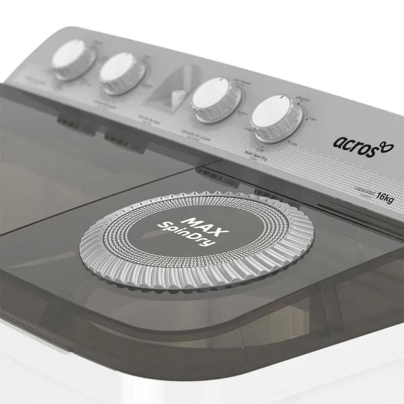LAVADORA ACROS MOD. ALD-1645JEENM 2 TINAS 16KG BLNACA SEMIAUTOMÁTICA MAXSPIN DRY SISTEMA DE LAVADO IMPULSOR 5 PROGRAMAS RECOMENDADOS