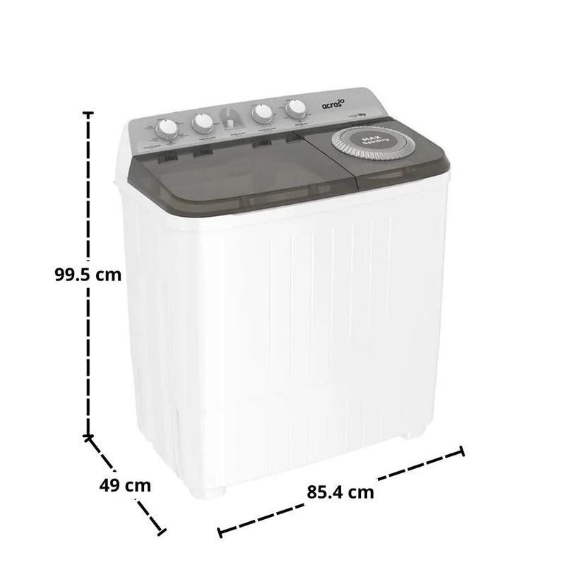 LAVADORA ACROS MOD. ALD-1645JEENM 2 TINAS 16KG BLNACA SEMIAUTOMÁTICA MAXSPIN DRY SISTEMA DE LAVADO IMPULSOR 5 PROGRAMAS RECOMENDADOS