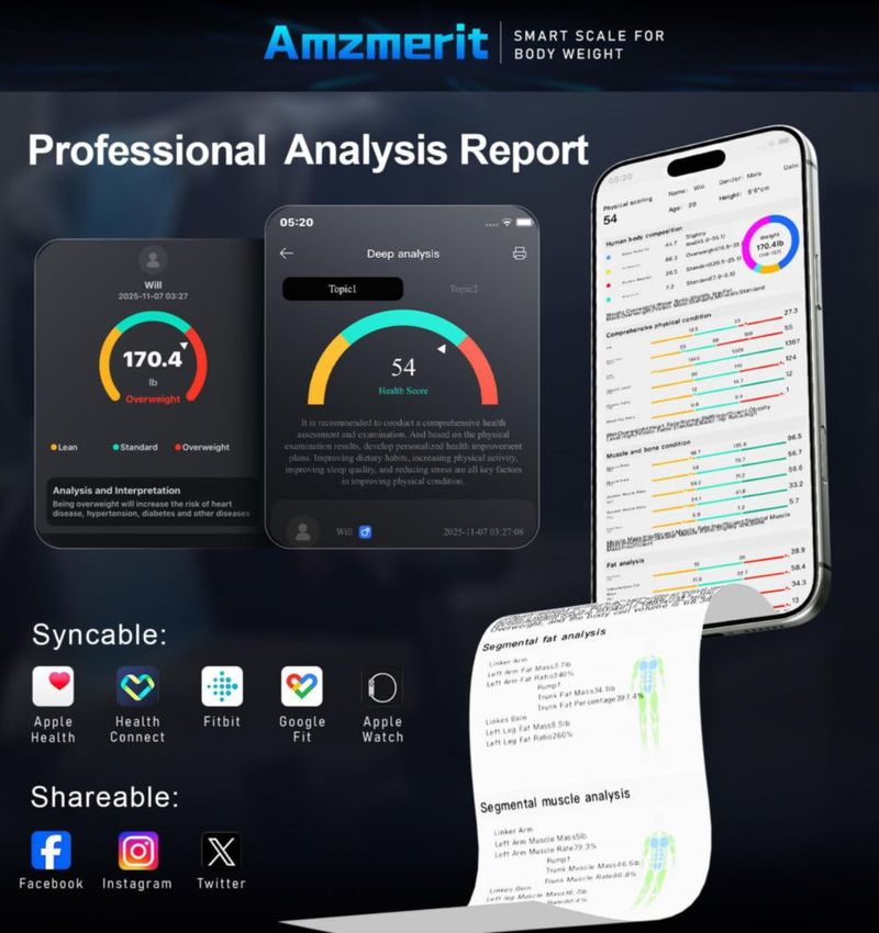 Báscula Inteligente Amzmerit 30 cm Analizador de Composición Corporal