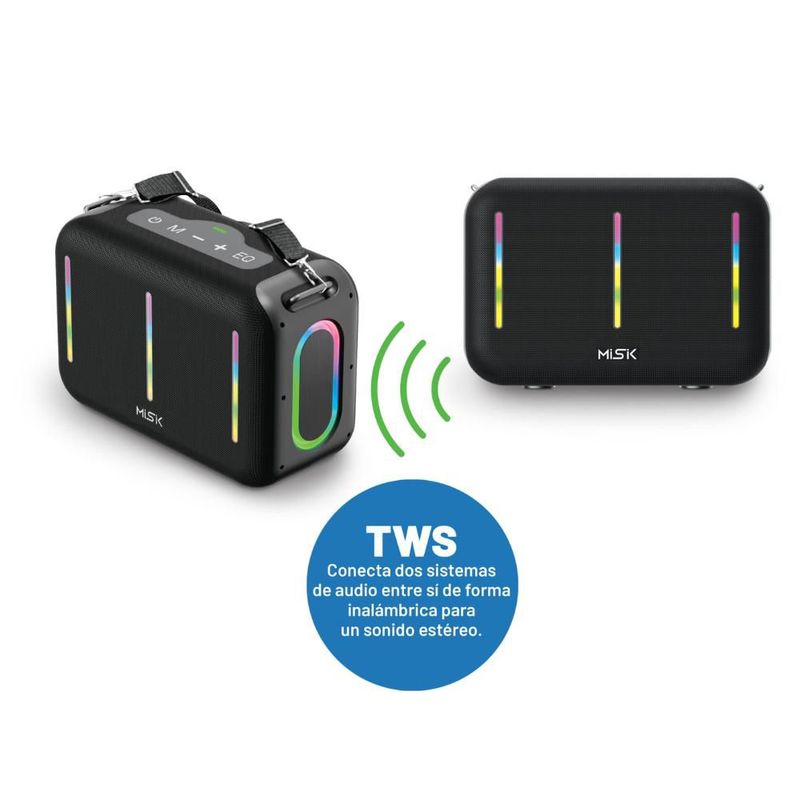 SISTEMA DE AUDIO MISIK PORTATIL MOD. MS298 TECNOLOGÍA BLUETOOTH FUNCIÓN TWS ENLAZAR DOS BOCINAS REPRODUCTOR USB, TARJETA MICRO SD Y RADIO FM LUZ LED
