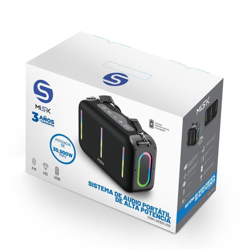 SISTEMA DE AUDIO MISIK PORTATIL MOD. MS298 TECNOLOGÍA BLUETOOTH FUNCIÓN TWS ENLAZAR DOS BOCINAS REPRODUCTOR USB, TARJETA MICRO SD Y RADIO FM LUZ LED