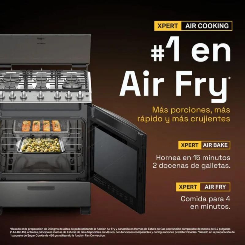 ESTUFA WHIRLPOOL MOD. WFR7250S 30" AIR FRY AI 6 QUEMADORES FLAMMA  TECNOLOGÍA XPERT AIR FRY COOKING XPERT AIR BAKE TECNOLOGÍA SIDE DOOR EVER CLEAN