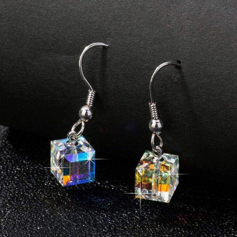 Pendiente EVEVIC de Cristal Austriaco en Forma de Cubo con Caída y Gancho Francés