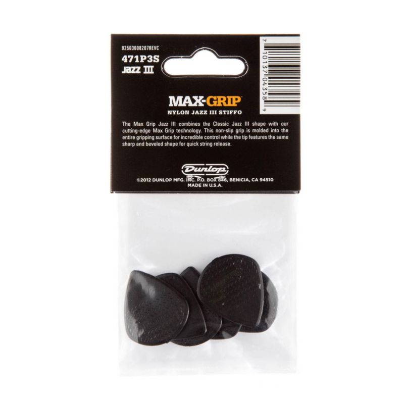 Púas para guitarra Jim Dunlop Max Grip Jazz III 138 mm paquete de 6