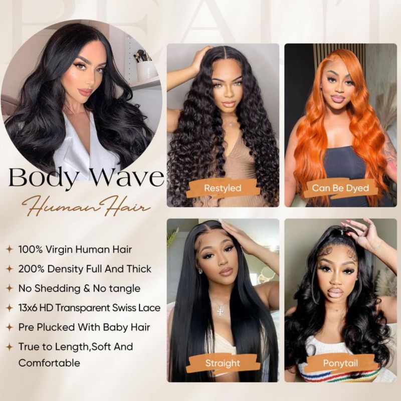 Peluca DGVATF de 76 cm con Encaje Frontal HD y Ondas Corporales de Cabello Humano