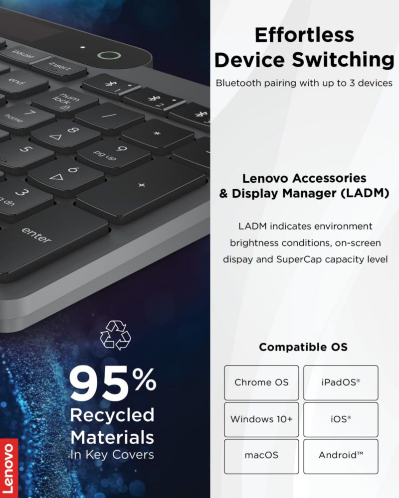 Teclado Lenovo 800 Inalámbrico Bluetooth 5.1 Gris