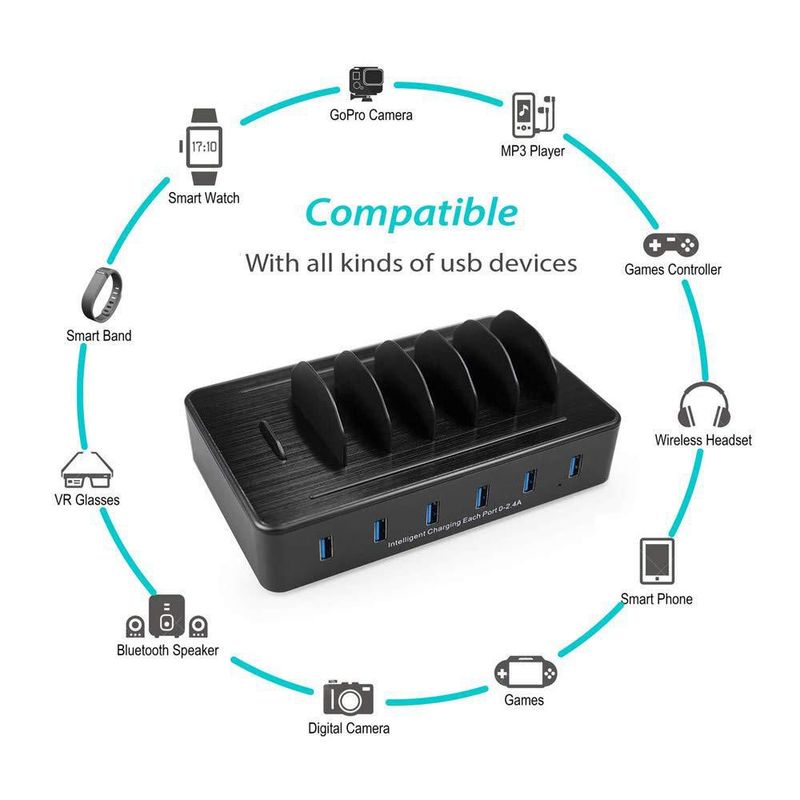 Estación de carga Chargeknight con 6 puertos USB de 50 W para varios dispositivos