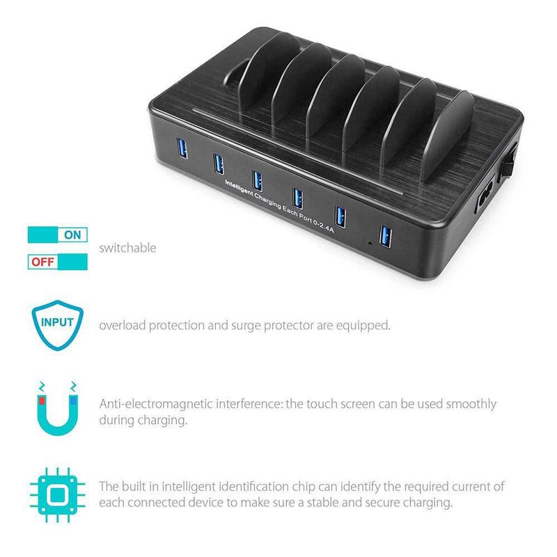 Estación de carga Chargeknight con 6 puertos USB de 50 W para varios dispositivos