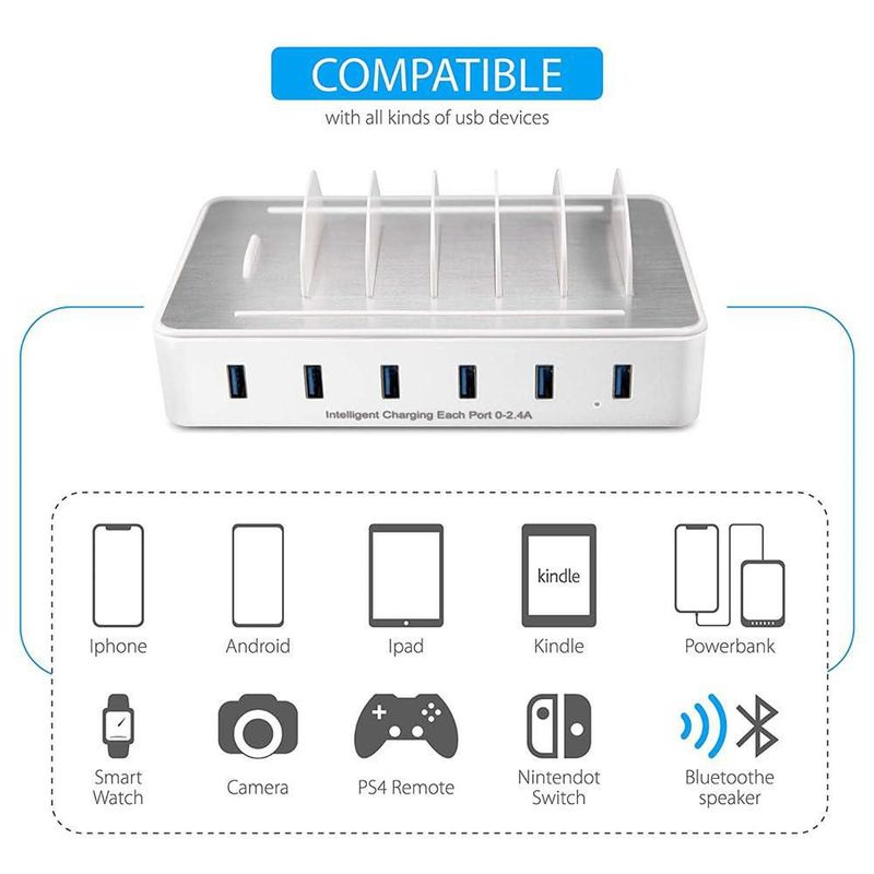 Estación de carga Chargeknight con 6 puertos USB de 50 W para varios dispositivos