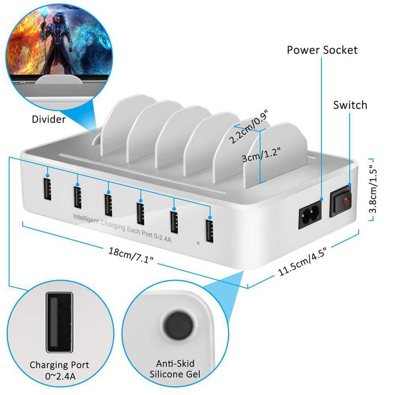 Estación de carga Chargeknight con 6 puertos USB de 50 W para varios dispositivos