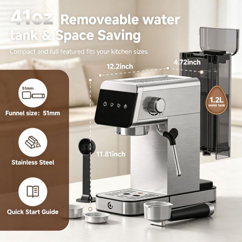 Máquina de Espresso AMZCHEF 20 Bar Acabado Plateado Mate 1350W