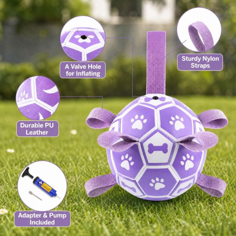 Pelota de fútbol para perros Kylinsure 15 cm con correas color morado