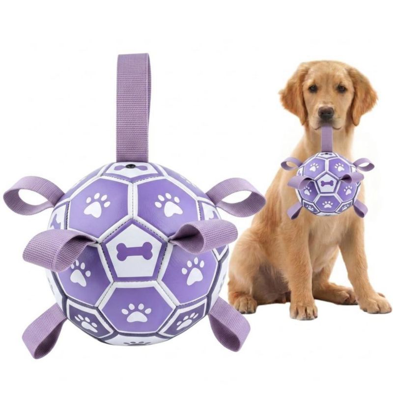 Pelota de fútbol para perros Kylinsure 15 cm con correas color morado